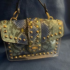 Blue/green snakeskin clear studded handbag